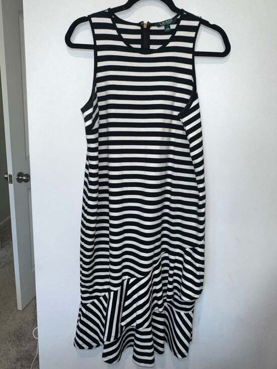 Lauren Ralph Lauren Dresses & Skirts - 100% Cotton Ralph Lauren Women's Striped Asymmetrical Flounce Dress Blue White L